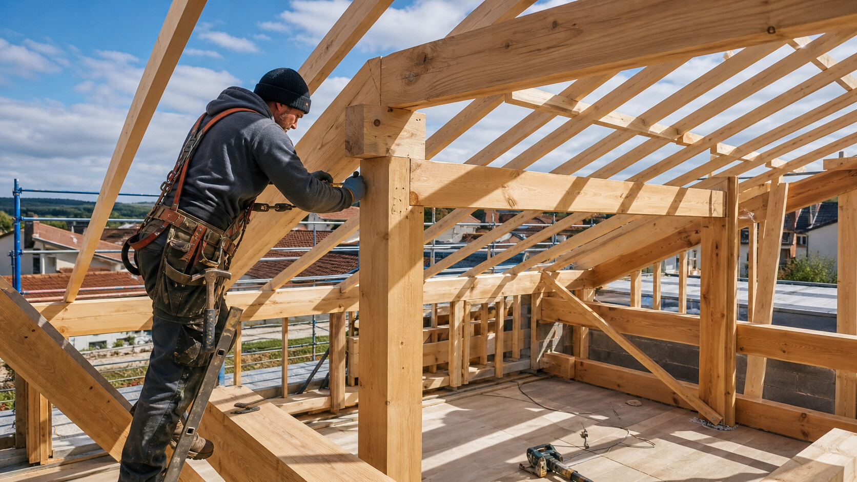 Charpentier travaillant sur une ossature bois avant la couverture